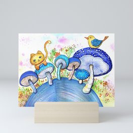 Blue Mushrooms, cat and bird Mini Art Print