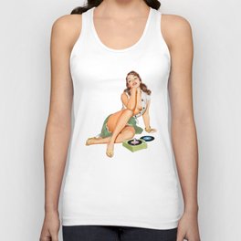 Vintage Pin Up Girl With Two Vinyls, A Green Skirt And Red Nails Unisex Tank Top