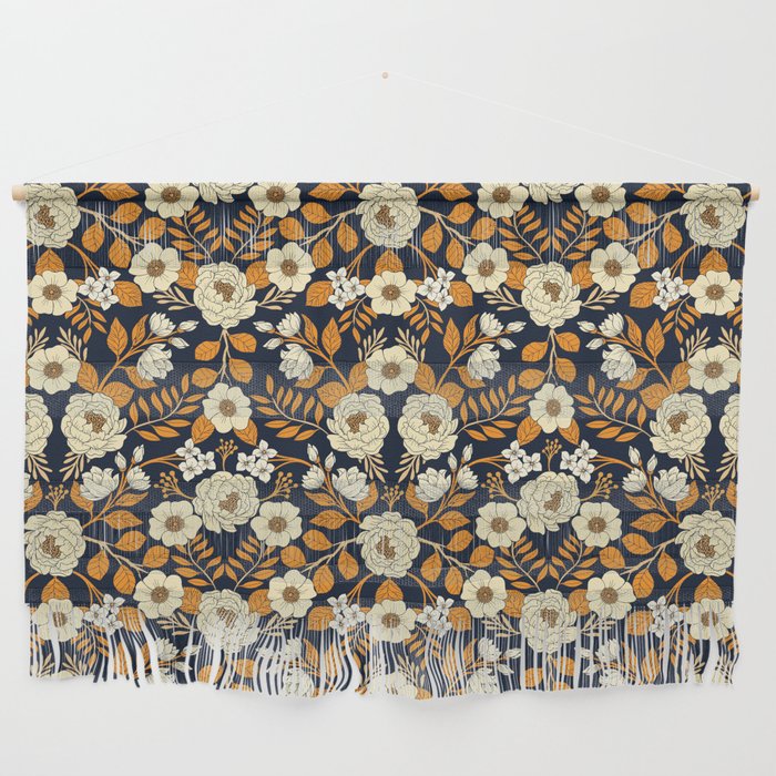 Navy Blue, Orange, Cream, Gold & White Floral Pattern Wall Hanging