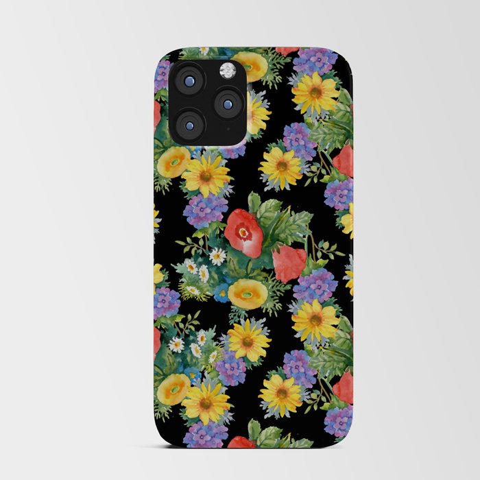 Summertime garden flowers watercolor seamless pattern on black background. Beautiful hand drawn texture. Romantic background iPhone Card Case