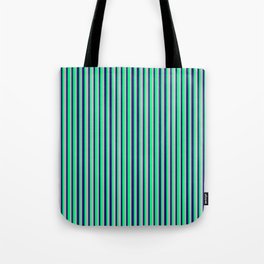[ Thumbnail: Midnight Blue, Green, and Grey Colored Stripes/Lines Pattern Tote Bag ]