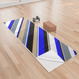 [ Thumbnail: Vibrant Slate Gray, Tan, Black, Blue, and White Colored Striped/Lined Pattern Yoga Towel ]