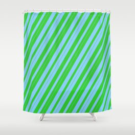 [ Thumbnail: Light Sky Blue & Lime Green Colored Lines Pattern Shower Curtain ]
