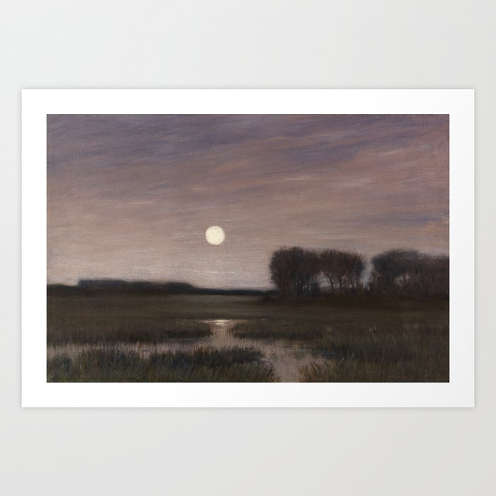 Moonlight Sonata; full moon reflecting atop the salt marshes landscape twilight painting by Hans am Ende Art Print