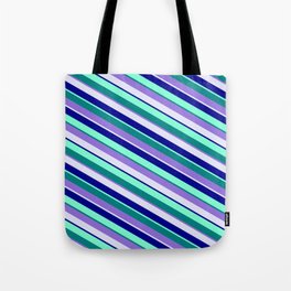 [ Thumbnail: Eye-catching Teal, Purple, Lavender, Dark Blue, and Aquamarine Colored Pattern of Stripes Tote Bag ]