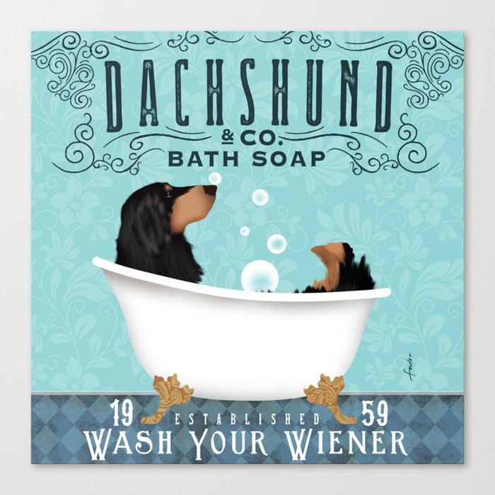 Longhaired Dachshund black tan bath clawfoot tub bubble bath  Canvas Print