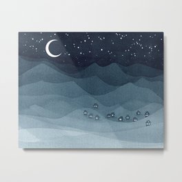 Moon over the mountains, landscape, indigo night Metal Print | Digital, Watercolor, Stars, Minimalism, Mountain, Peace, Mountains, Pattern, Illustration, House 
