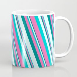 [ Thumbnail: Teal, Light Cyan, Dark Turquoise, and Hot Pink Colored Pattern of Stripes Coffee Mug ]