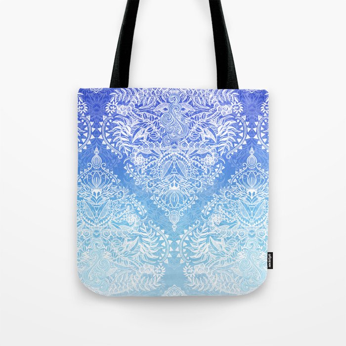 Out of the Blue - White Lace Doodle in Ombre Aqua and Cobalt Tote Bag