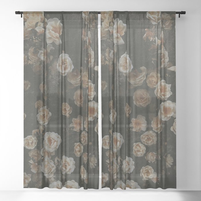 Midnight Dark Floral Grunge Sheer Curtain