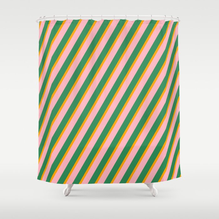 Orange, Light Pink & Sea Green Colored Striped Pattern Shower Curtain