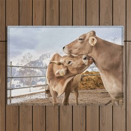 Two Brown Swiss Cows Caressing One Outdoor Rug