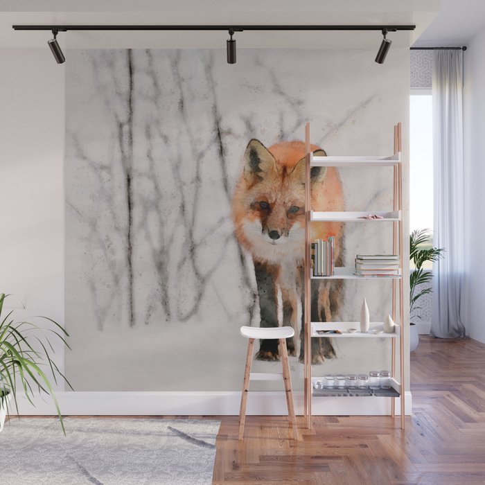 Red Fox Wall Mural | Painting, Painting, Digital, Watercolor, Red, Fox, Winter, Forest, Trees, Animal