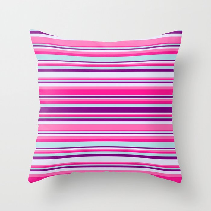 Colorful Hot Pink, Deep Pink, Powder Blue, Purple, and Lavender Colored Lined Pattern Throw Pillow