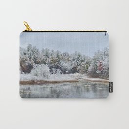 Snow at the pond Carry-All Pouch | Nature, Winter, Digital, Snow, Trees, Color, Photo, Waterfront, Pondlife 