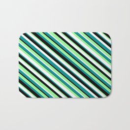 [ Thumbnail: Green, White, Dark Cyan & Black Colored Striped/Lined Pattern Bath Mat ]