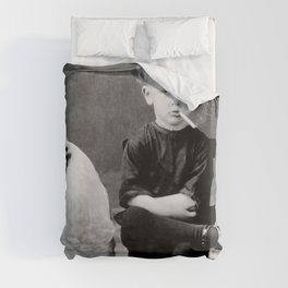 Smoking Boy with Chicken black and white photograph - photography - photographs Duvet Cover