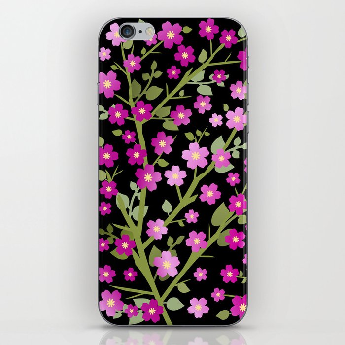 Lovely Blossoms - fuchsia pink on black iPhone Skin