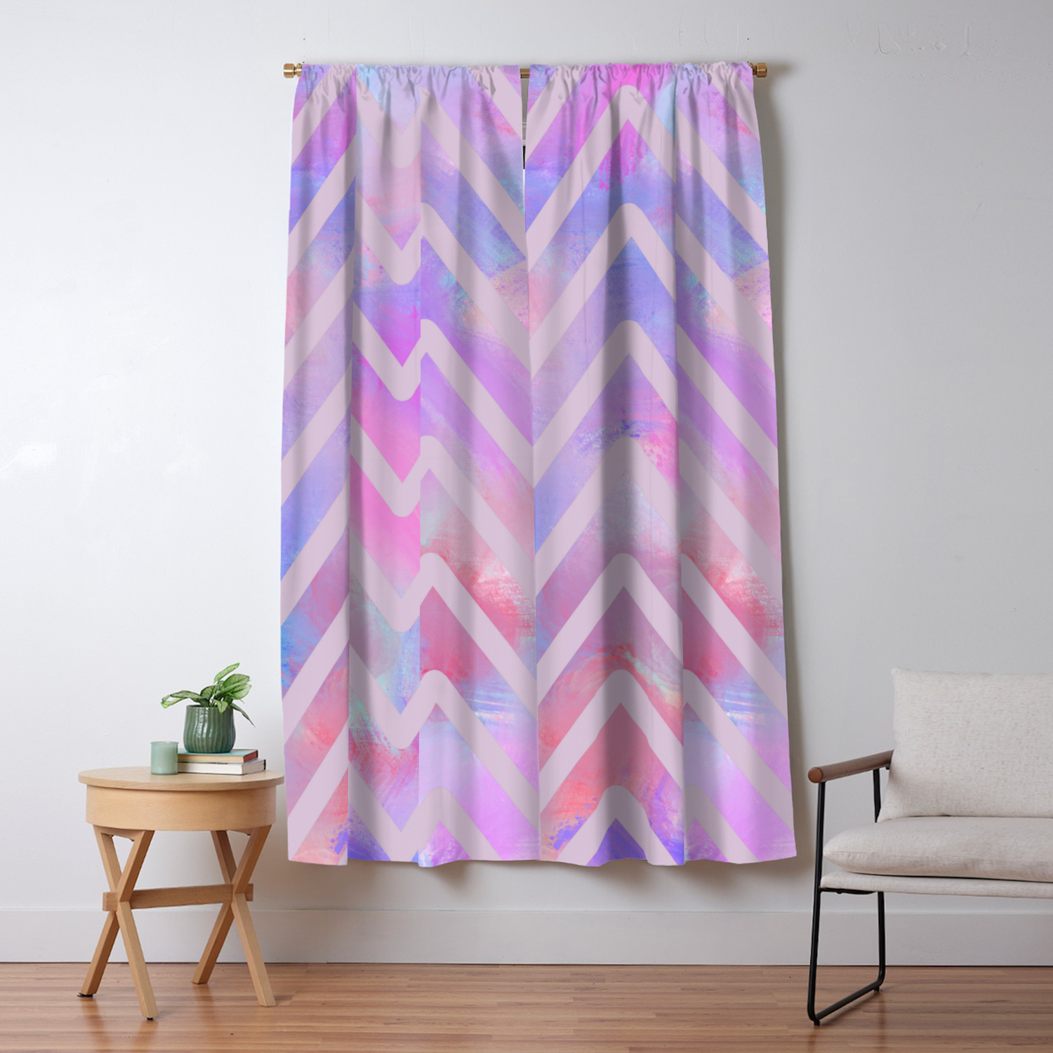 Geometrical Pink Teal Lilac Watercolor Chevron Blackout Curtain By