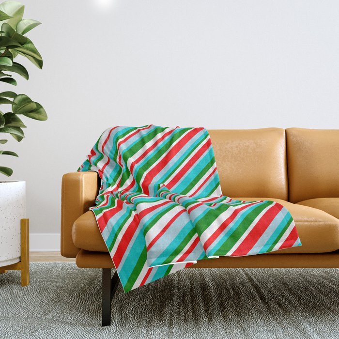 Vibrant Red, Light Blue, Dark Turquoise, Green & White Colored Striped Pattern Throw Blanket