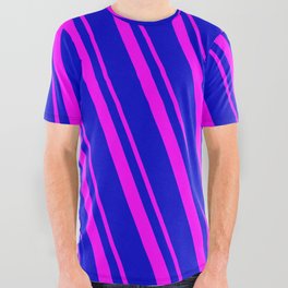 [ Thumbnail: Blue and Fuchsia Colored Striped Pattern All Over Graphic Tee ]