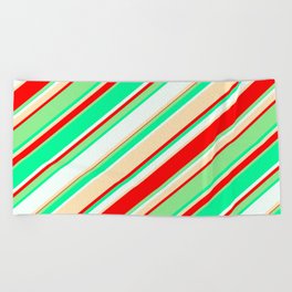 [ Thumbnail: Colorful Red, Light Green, Green, Mint Cream, and Beige Colored Striped Pattern Beach Towel ]