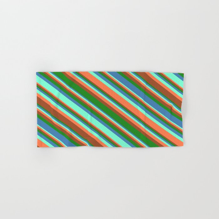 Aquamarine, Coral, Sienna, Forest Green, and Blue Colored Lined/Striped Pattern Hand & Bath Towel