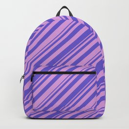 [ Thumbnail: Plum & Slate Blue Colored Lined Pattern Backpack ]