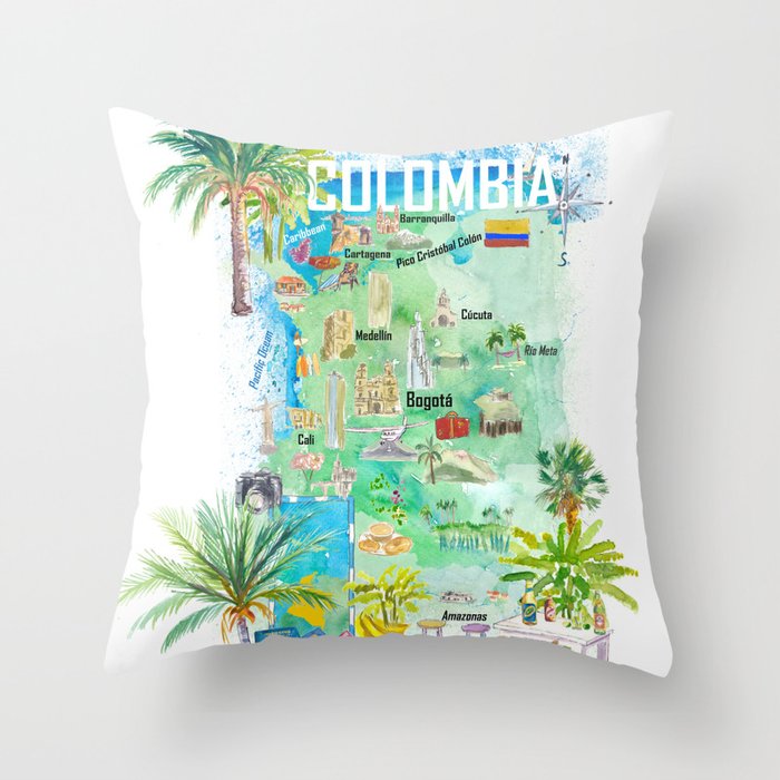 Colombia Illustrated Travel Map With Tourist Attractions And Highlights Throw Pillow