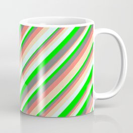 [ Thumbnail: Vibrant Gray, Salmon, Tan, Light Cyan & Lime Colored Striped Pattern Coffee Mug ]