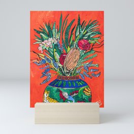 Banksia Bouquet in Cheetah Vase on Vermilion Orange Fauvist Painting  Mini Art Print