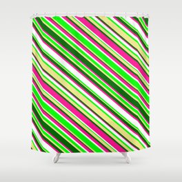 [ Thumbnail: Eye-catching Deep Pink, White, Lime, Tan & Dark Green Colored Lined/Striped Pattern Shower Curtain ]