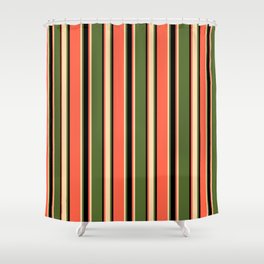 [ Thumbnail: Dark Olive Green, Tan, Red, and Black Colored Striped Pattern Shower Curtain ]