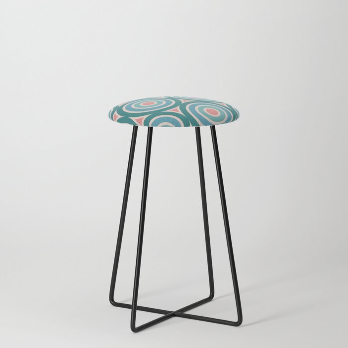 Retro Danish Modern 1970s Style Geometric Concentric Design 433 Green Blue and Pink Counter Stool