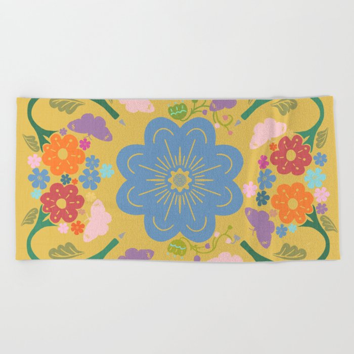 Retro Modern Butterflies And Flowers Colorful Golden Yellow Colorful Bandana Style Cottagcore Design Beach Towel