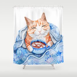 Happy Cat Drinking Hot Chocolate Shower Curtain