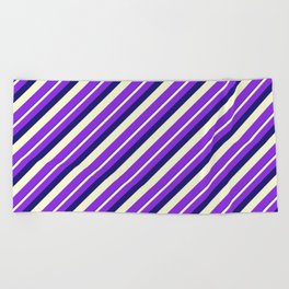 [ Thumbnail: Midnight Blue, Light Yellow, and Purple Colored Striped/Lined Pattern Beach Towel ]