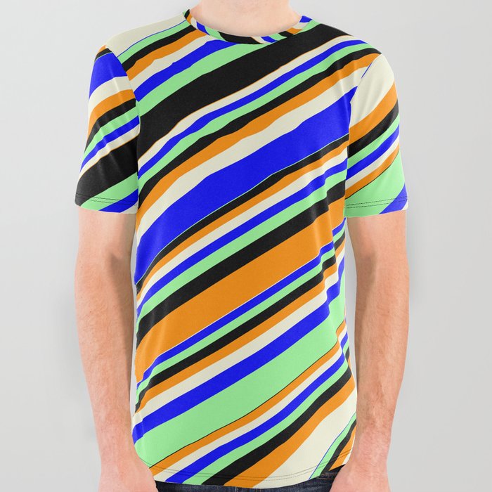Vibrant Dark Orange, Beige, Blue, Green, and Black Colored Lines/Stripes Pattern All Over Graphic Tee