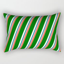 [ Thumbnail: Vibrant Red, Dark Green, White, Teal & Plum Colored Striped Pattern Rectangular Pillow ]