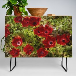 Red Wild Anemone Flowers Abstract Art Credenza