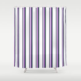 [ Thumbnail: Orchid, Dark Slate Gray & White Colored Stripes/Lines Pattern Shower Curtain ]