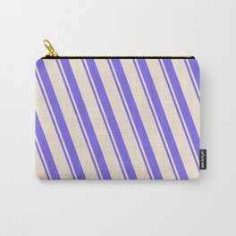 [ Thumbnail: Beige and Medium Slate Blue Colored Striped Pattern Carry-All Pouch ]