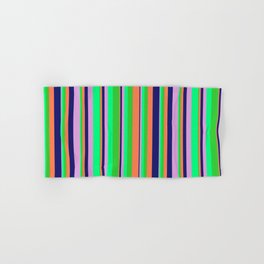 [ Thumbnail: Vibrant Lime Green, Coral, Midnight Blue, Plum, and Green Colored Lines/Stripes Pattern Hand & Bath Towel ]