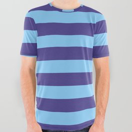 [ Thumbnail: Dark Slate Blue and Light Sky Blue Colored Lines/Stripes Pattern All Over Graphic Tee ]