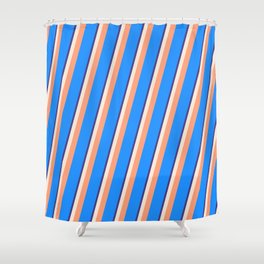 [ Thumbnail: Dark Slate Blue, Beige, Light Salmon & Blue Colored Pattern of Stripes Shower Curtain ]