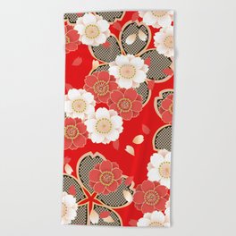 Japanese Vintage Red Black White Floral Kimono Pattern Beach Towel