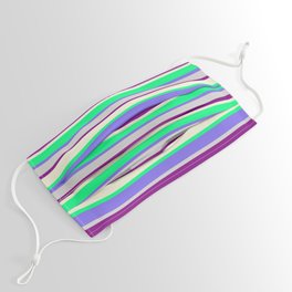 [ Thumbnail: Colorful Green, Medium Slate Blue, Light Gray, Purple, and Beige Stripes/Lines Pattern Face Mask ]