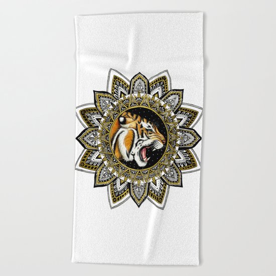 Black and Gold Roaring Tiger Mandala Beach Towel