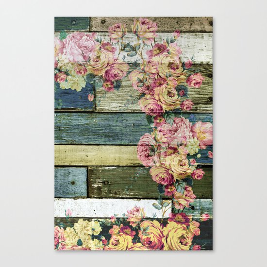 vintage roses on wood Canvas Print