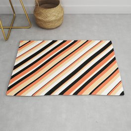 [ Thumbnail: Coral, Tan, White & Black Colored Lines/Stripes Pattern Rug ]